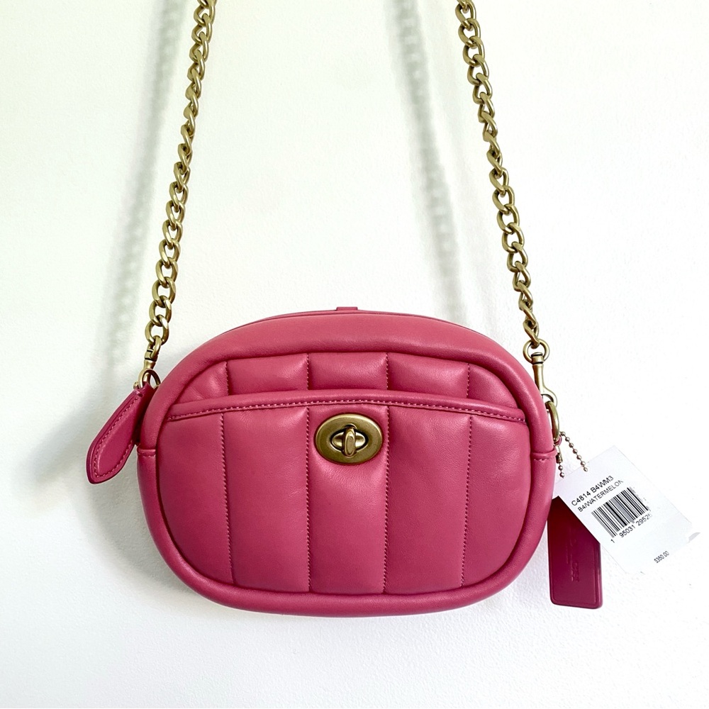 Coach Watermelon Pink and Gold Crossbody Quilted Leather Bag